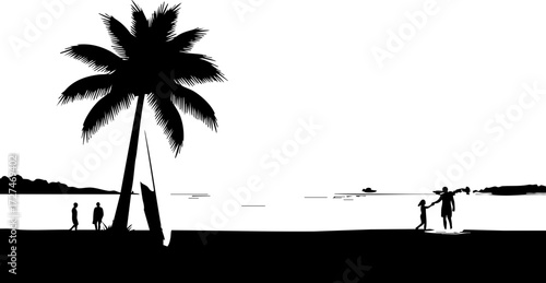 Joyful family moments embracing a serene tropical beach sunset with a majestic palm tree silhouette creating lasting memories.