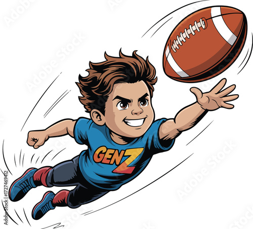 Football Action Child Gen Z Shirt Catching Game Athletic Boy Kid Sport Graphic