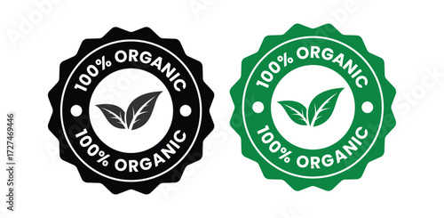 100% organic natural product badge with green leaf icon vector. Certified 100% organic natural product logo vector design. Organic certification badge with 100% natural product.