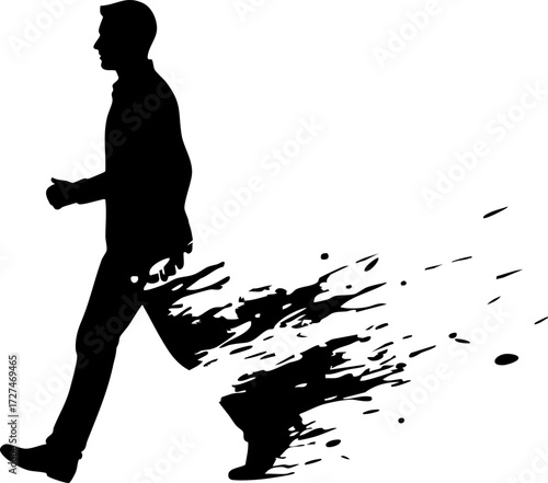 Dynamic businessman silhouette dissolving into energetic abstract paint splatters signifies unstoppable progress and creative momentum.
