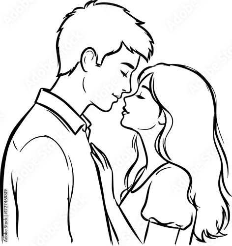 Tender moment of young couple sharing an intimate kiss, conveying deep affection and romantic connection in a simple, elegant line art style.