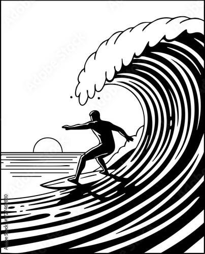 Dynamic surfer carving a massive ocean wave at sunset captures the thrill and power of extreme water sports adventure