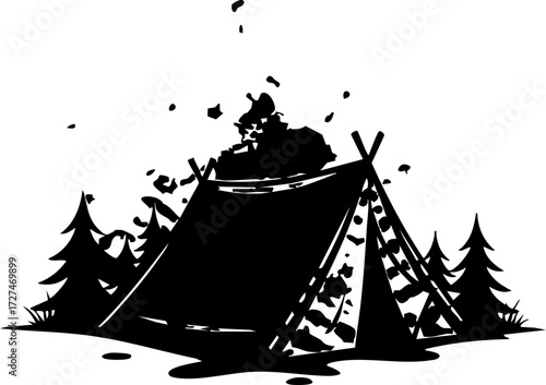 Adventurous campers embrace nature's embrace with rugged tent setup amidst serene forest trees, creating a perfect outdoor escape experience.