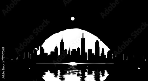 Captivating modern cityscape silhouette against a dramatic moonlit sky with serene water reflections, evoking urban sophistication and nighttime allure.