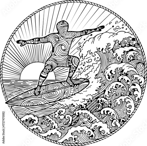 Dynamic surfer carving ocean wave at sunrise, capturing thrilling adventure and active lifestyle pursuit with powerful motion