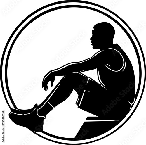 Dynamic basketball player silhouette contemplating game strategy within a bold circular emblem, perfect for sports branding and athletic apparel.