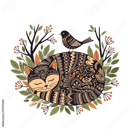 A peaceful cat sleeps soundly while a small bird rests gently on its back surrounded by nature.