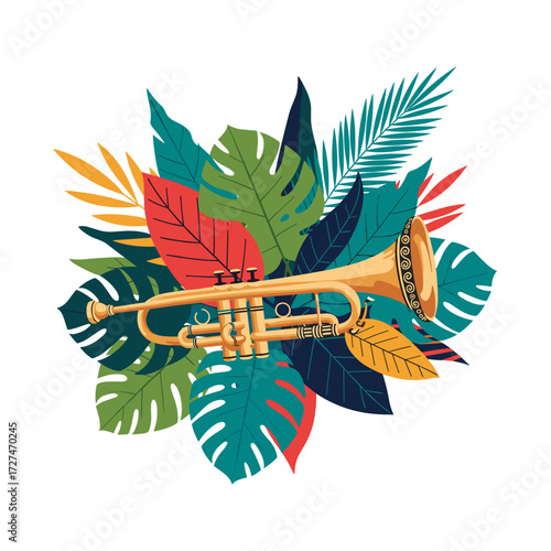 A golden trumpet nestled amongst vibrant tropical foliage in a colorful composition.