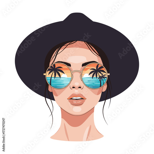 A young woman wearing a wide brim hat and sunglasses reflecting a tropical beach sunset.