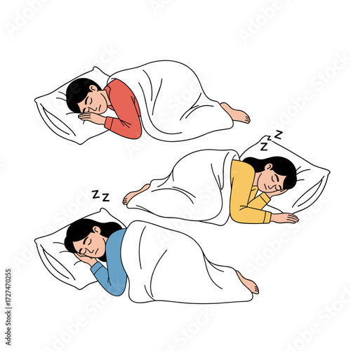 Three people are sleeping peacefully on their beds under the blankets and pillows.