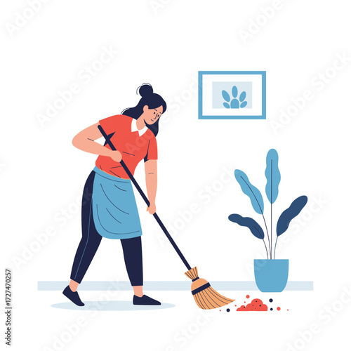 A woman is carefully sweeping up dust and debris from the floor in a room with a broom.