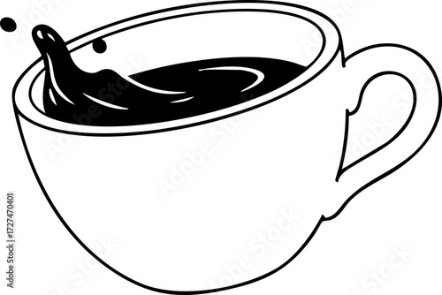 Dynamic coffee splash captures invigorating morning energy and the bold taste of freshly brewed beverage in a simple, modern cup.