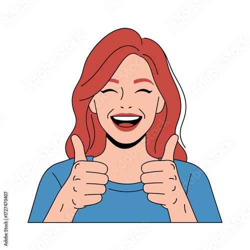 A cheerful woman with red hair gives two thumbs up in a bright illustration.