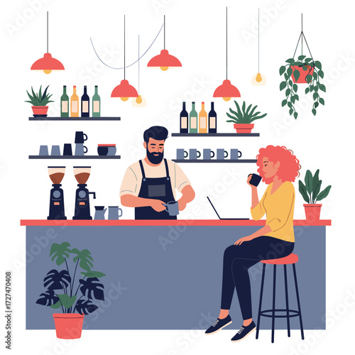 A cozy cafe scene with a barista serving a customer enjoying a hot beverage.