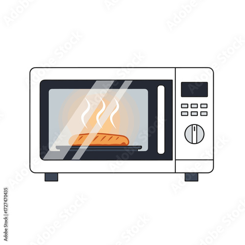 A modern kitchen appliance is heating up a delicious piece of food inside its cooking chamber.