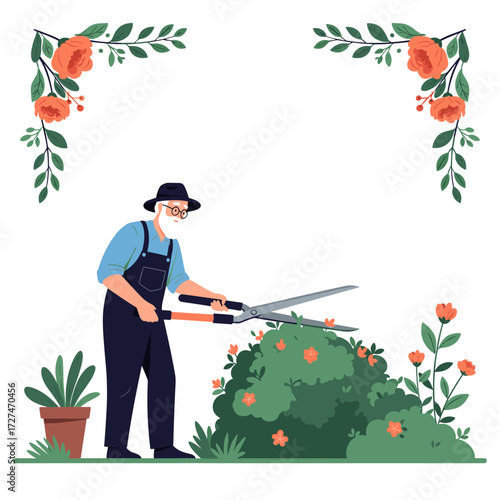 An elderly gentleman skillfully trims a vibrant green bush with large shears in his garden.