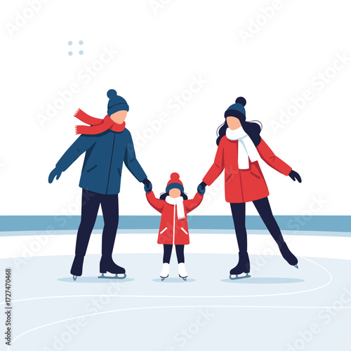 A happy family enjoys a winter day ice skating together on a frozen rink.