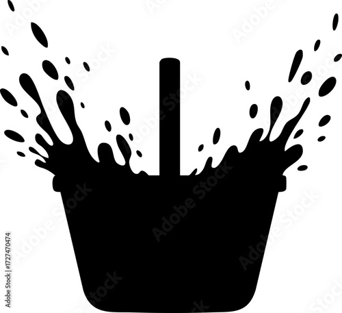 Dynamic black silhouette of a overflowing basket splashing water upwards, symbolizing abundance and overflow in a modern design aesthetic.