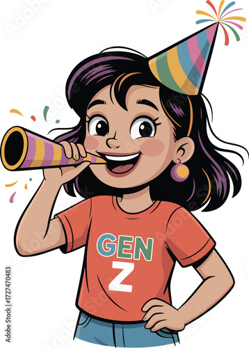 Gen Z Girl Celebrating Wearing Party Hat Blowing Noisemaker Vector Illustration