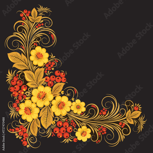 A vibrant floral and berry corner embellishment with swirling golden leaves and accents.