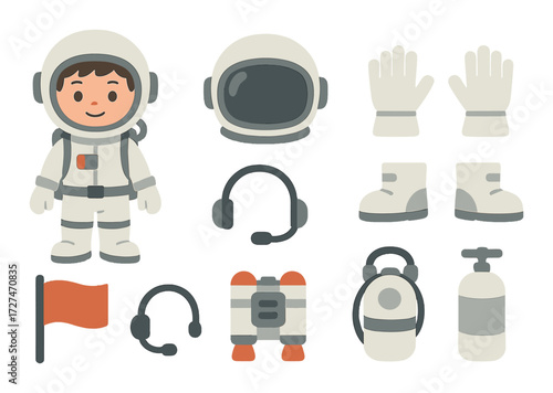 Cartoon astronaut in spacesuit with helmet, gloves, boots, and space accessories