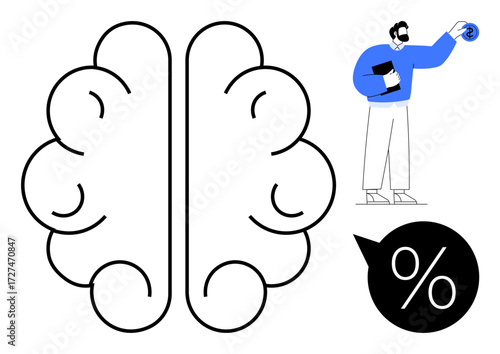 Brain outline with a man holding a tablet and a data representation idea featuring a percentage sign. Ideal for analytics, creativity, innovation, education, data technology, thought process, simple