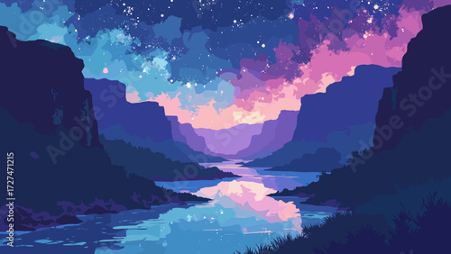 Glittering canyon river, reflecting holographic meteors streaking past