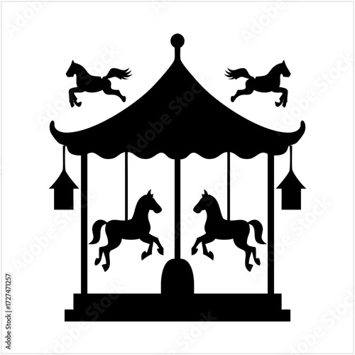 Black silhouette of a carousel with four horses and decorative elements