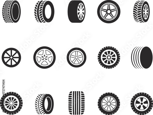 Set of fifteen black silhouette car tires and wheel rims with varied tread and spoke designs, vector for automotive use
