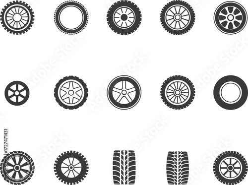 Set of fifteen black silhouette car wheels and tires with varied tread and rim designs, vector illustration for automotive use
