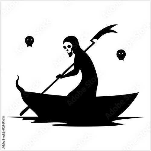 Grim reaper rowing a boat with skulls in the background