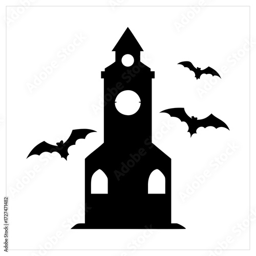 Silhouette of a spooky clock tower with bats flying around