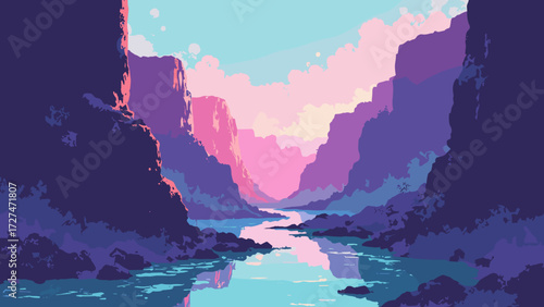 Crystal canyon walls glowing in pink and teal gradients, reflective chrome river cutting through