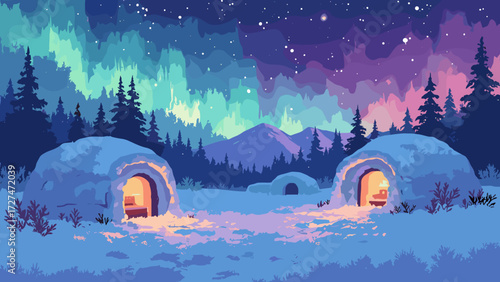 Y2K-inspired snowy valley with translucent igloos glowing from inside, aurora in pixelated gradients