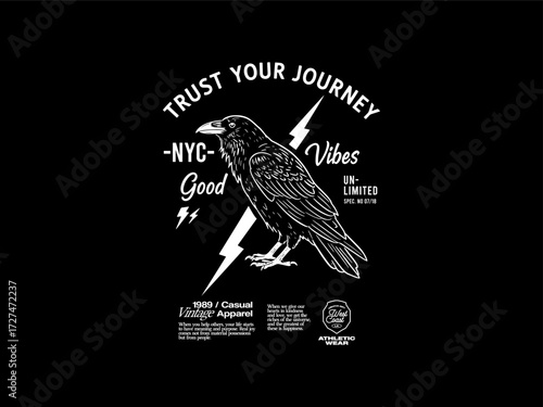 Vintage Raven Lightning Design with Trust Your Journey Streetwear Vibes, design t-shirt streetwear clothing, vector typography, perfect for modern apparel