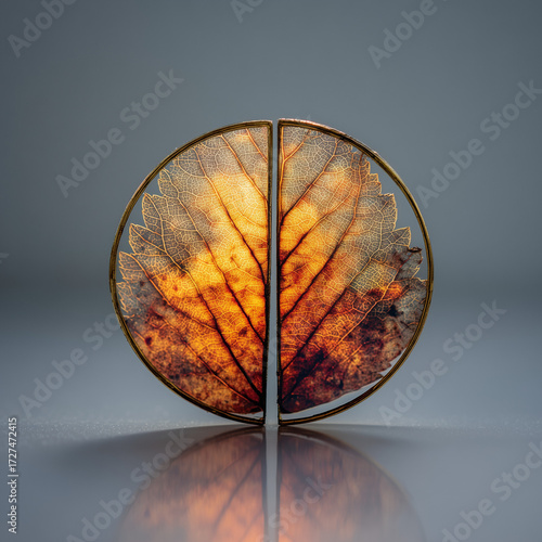 A single autumn leaf reflected in a fragmented round mirror slice, producing a divided symmetrical portrait. Conceptual and striking seasonal imagery.