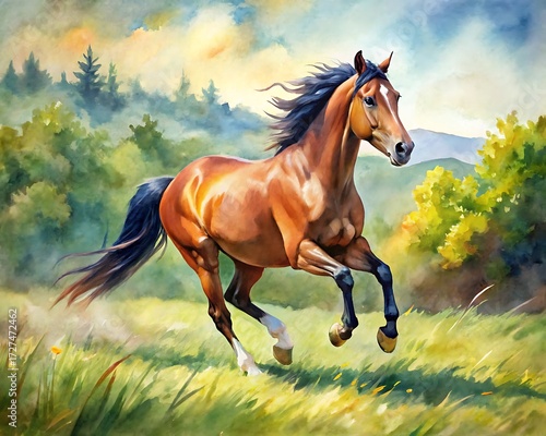 A majestic brown horse gallops freely across a sunlit meadow, its mane flowing in the wind, painting a scene of wild beauty