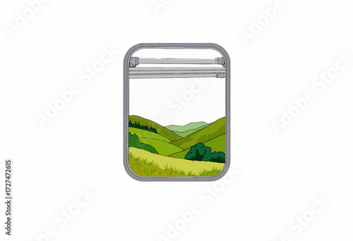 Illustrated Scenic View of Lush Green Hills Through a Framed Window Capturing Verdant Landscapes and Rolling Countryside Under Clear Skies