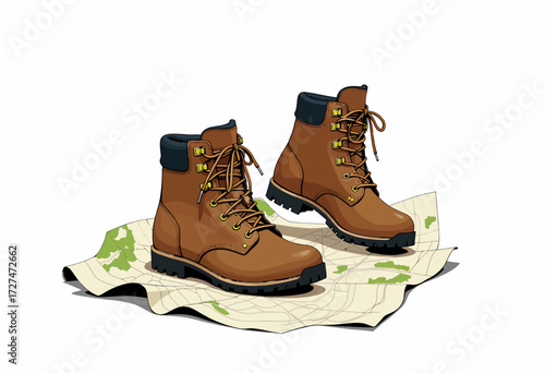 Detailed illustration of two sturdy brown hiking boots with black soles and laces, placed on a topographical map, symbolizing outdoor adventure and exploration.