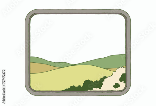 Serene Countryside View Framed by Train Window Capturing Rolling Hills and Vast Landscape in Simple Illustration Style