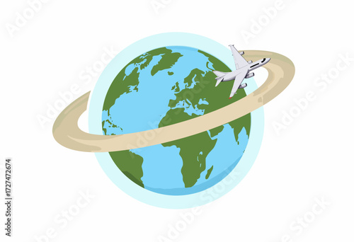Illustration of an Airplane Orbiting Around the Globe Symbolizing Global Travel and Worldwide Connectivity in Modern Aviation