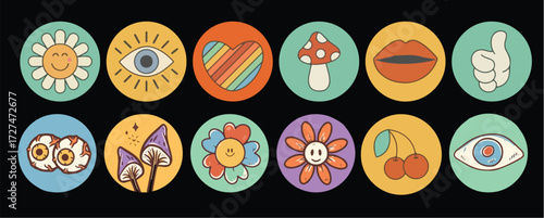 Retro Groovy Hippie Flower Power Stickers. Hand Drawn Smiley Daisies, Peace and Love Icons, Good Vibes Vintage Circle Badges Set
