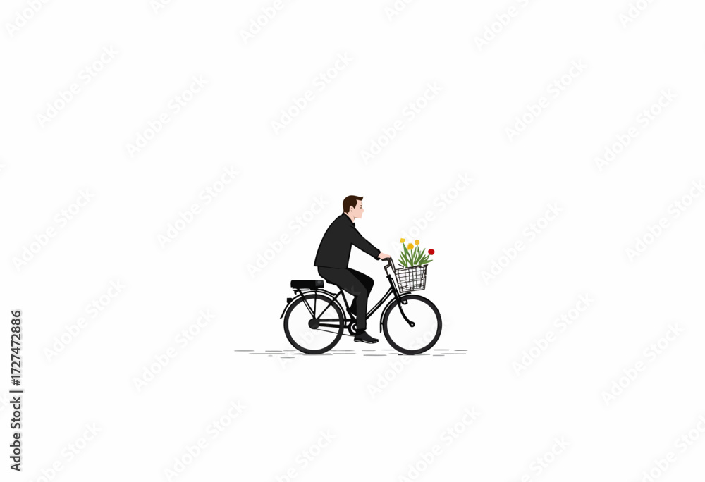 Obraz premium Illustration of a Man in a Black Suit Riding a Bicycle with a Basket of Colorful Flowers against a Minimalist White Background