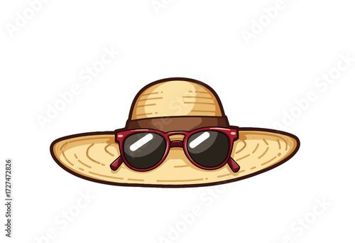 Illustration of a Wide-Brimmed Straw Hat With Red Sunglasses on a Clean White Background, Symbolizing Summer Fashion and Sun Protection