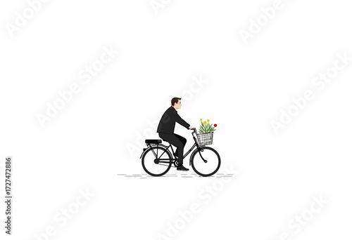 Illustration of a Man in a Black Suit Riding a Bicycle with a Basket of Colorful Flowers against a Minimalist White Background