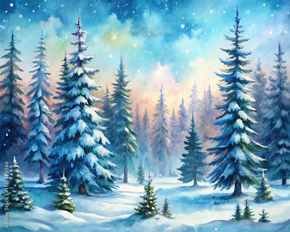 Fototapeta premium A picturesque winter wonderland with snowcovered fir trees in a serene forest, creating a peaceful and enchanting scene