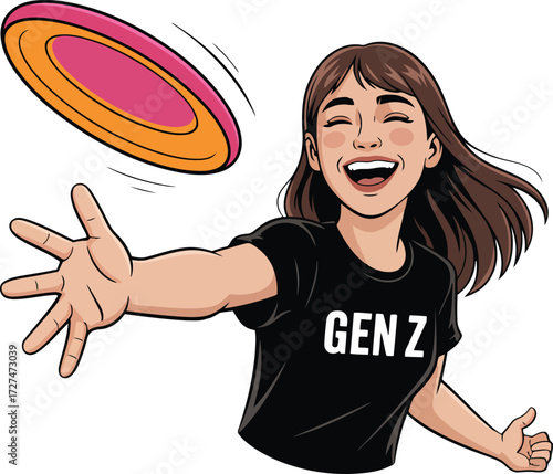 Millennial Female Throwing Frisbee Disc Gen Z Shirt Cheerful Sport Activity Graphic