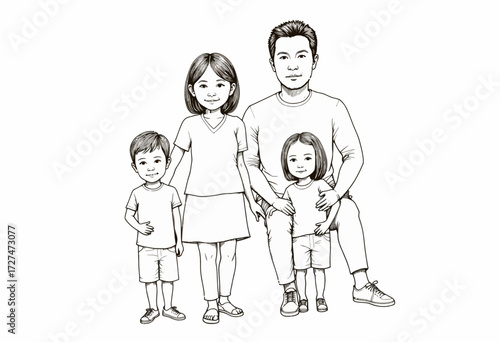 Illustrated Family Portrait Featuring Two Adults and Two Young Children in Casual Attire Posing Together Smiling