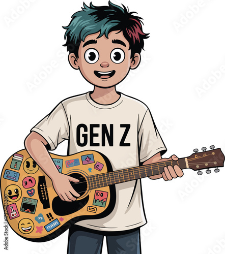 Musical Generation Z Boy With Guitar Stickers Illustration on Transparent Background