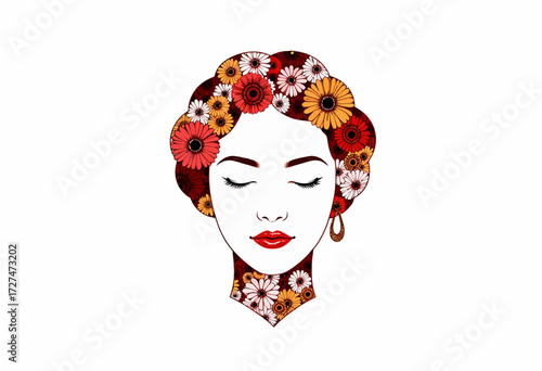 Elegant Illustration of a Woman with Floral Adornments and Serene Expression in Vibrant Colors